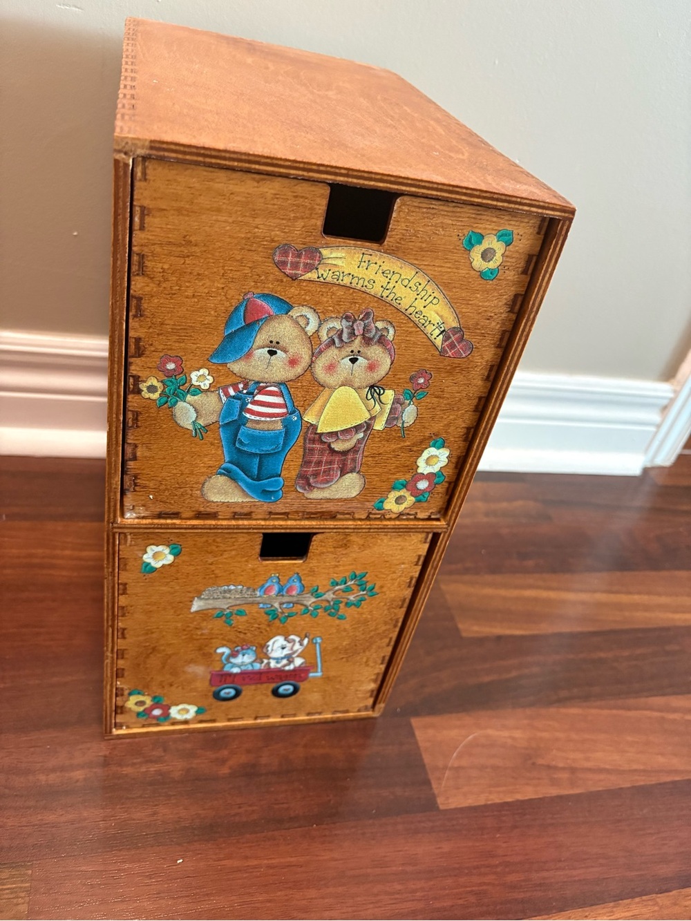 VTG Handmade  Folk Art Wooden Two-Drawer Small Chest Decorative hand painted 13”